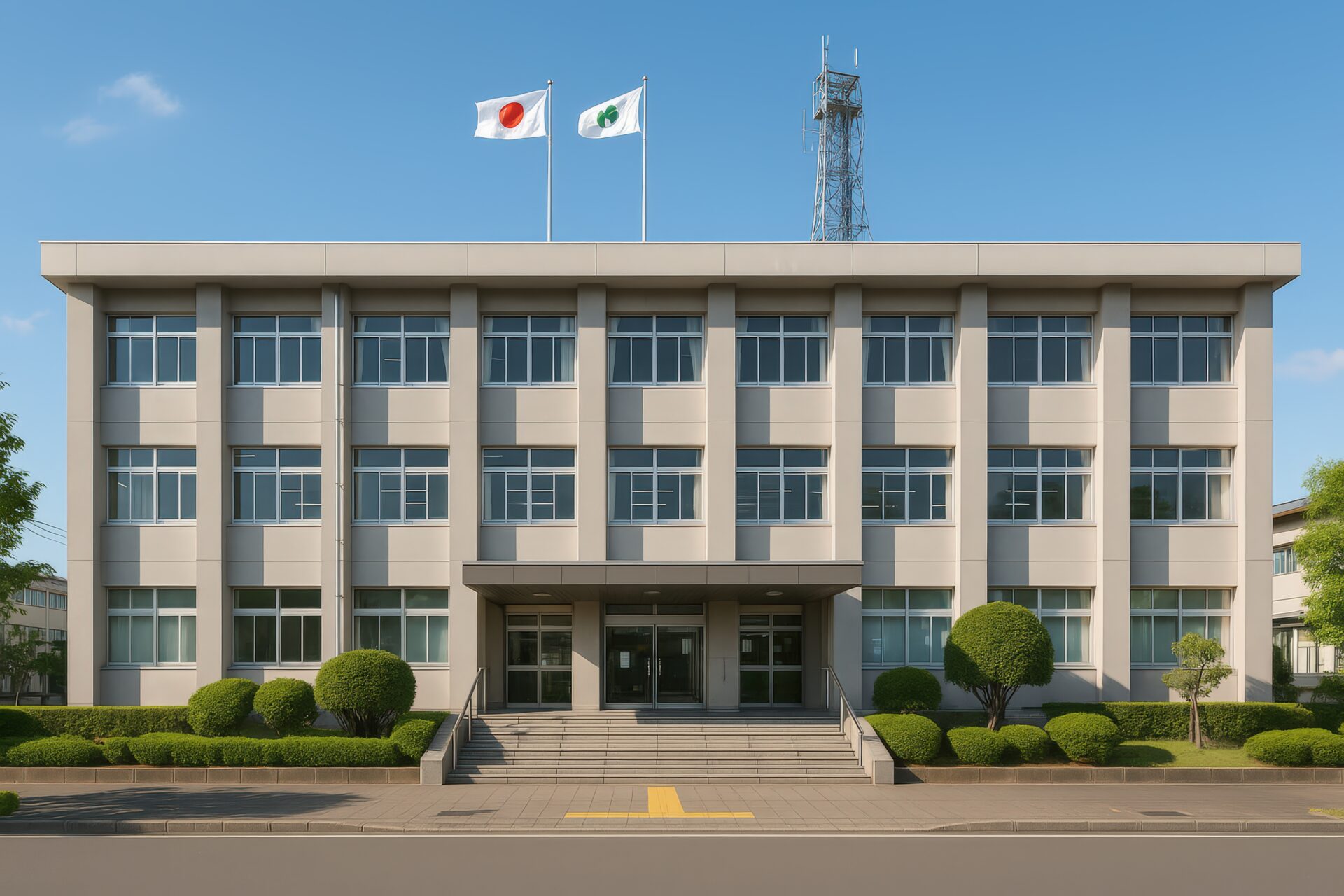 正面に階段のあるシンプルな市役所の建物