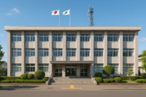 正面に階段のあるシンプルな市役所の建物