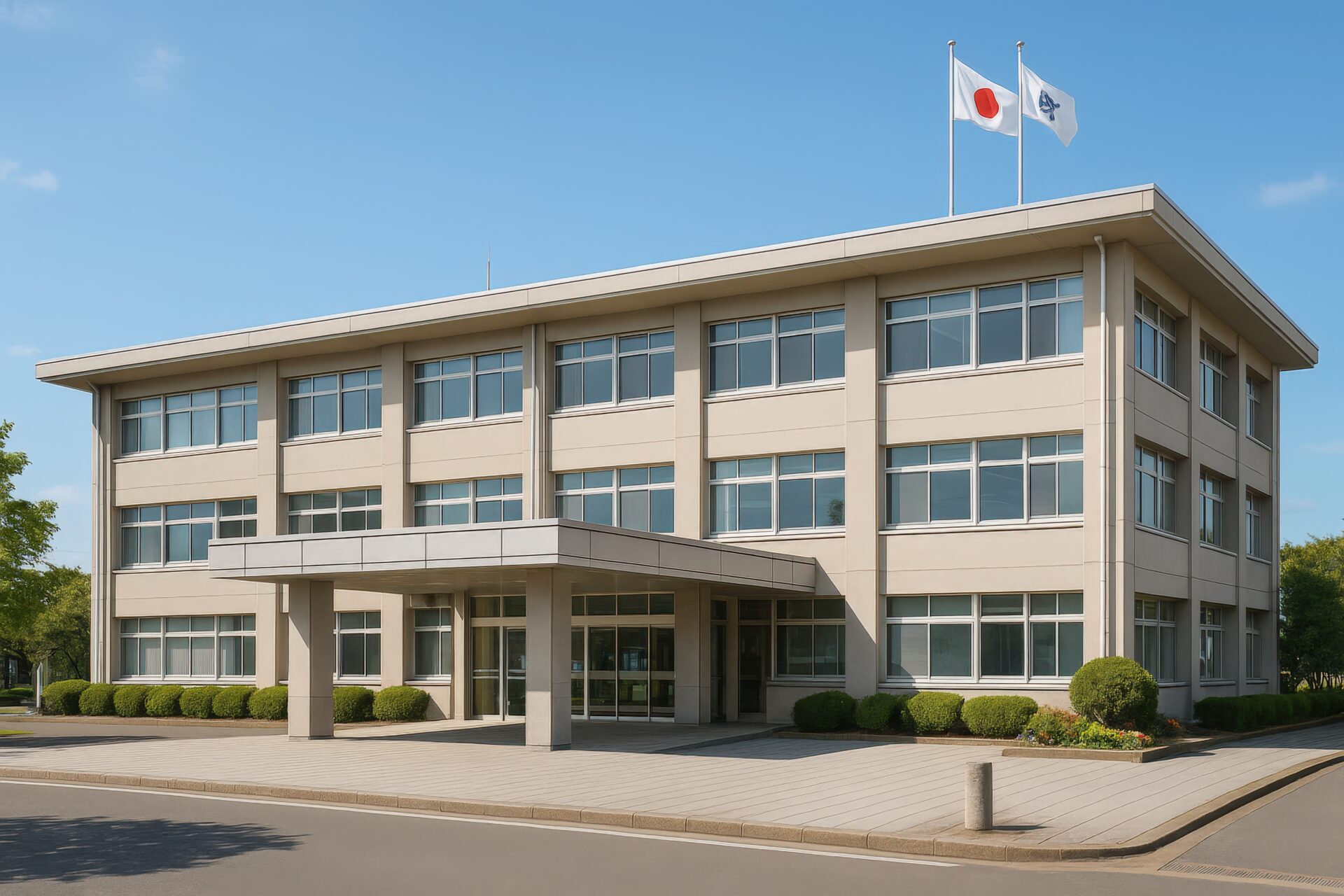 庇付きエントランスがある現代的な市役所庁舎