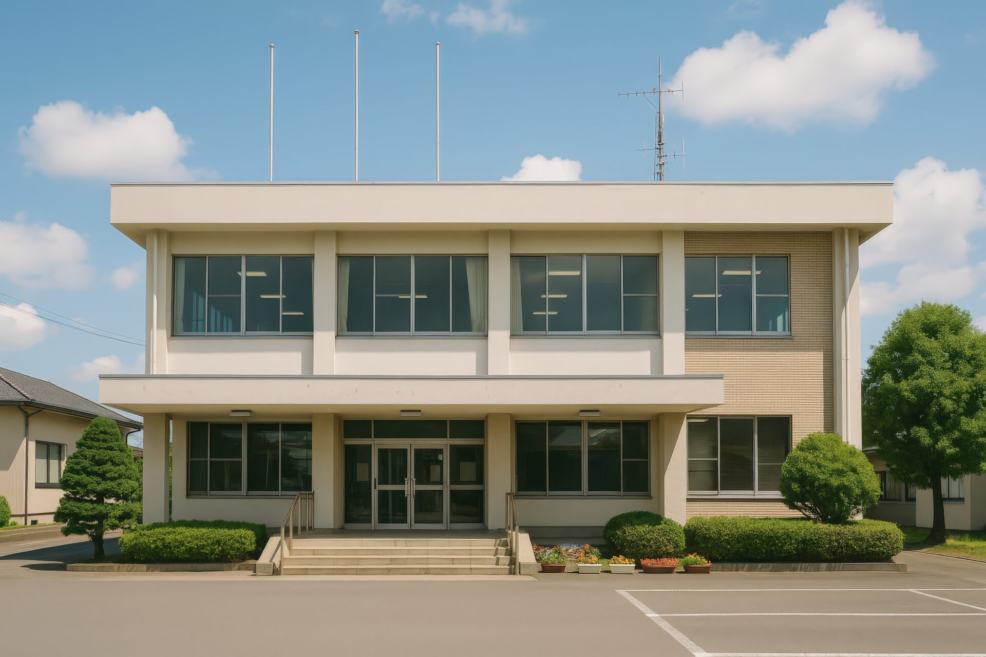 植栽に囲まれた落ち着いた雰囲気の町役場外観