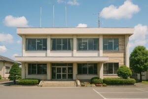 植栽に囲まれた落ち着いた雰囲気の町役場外観