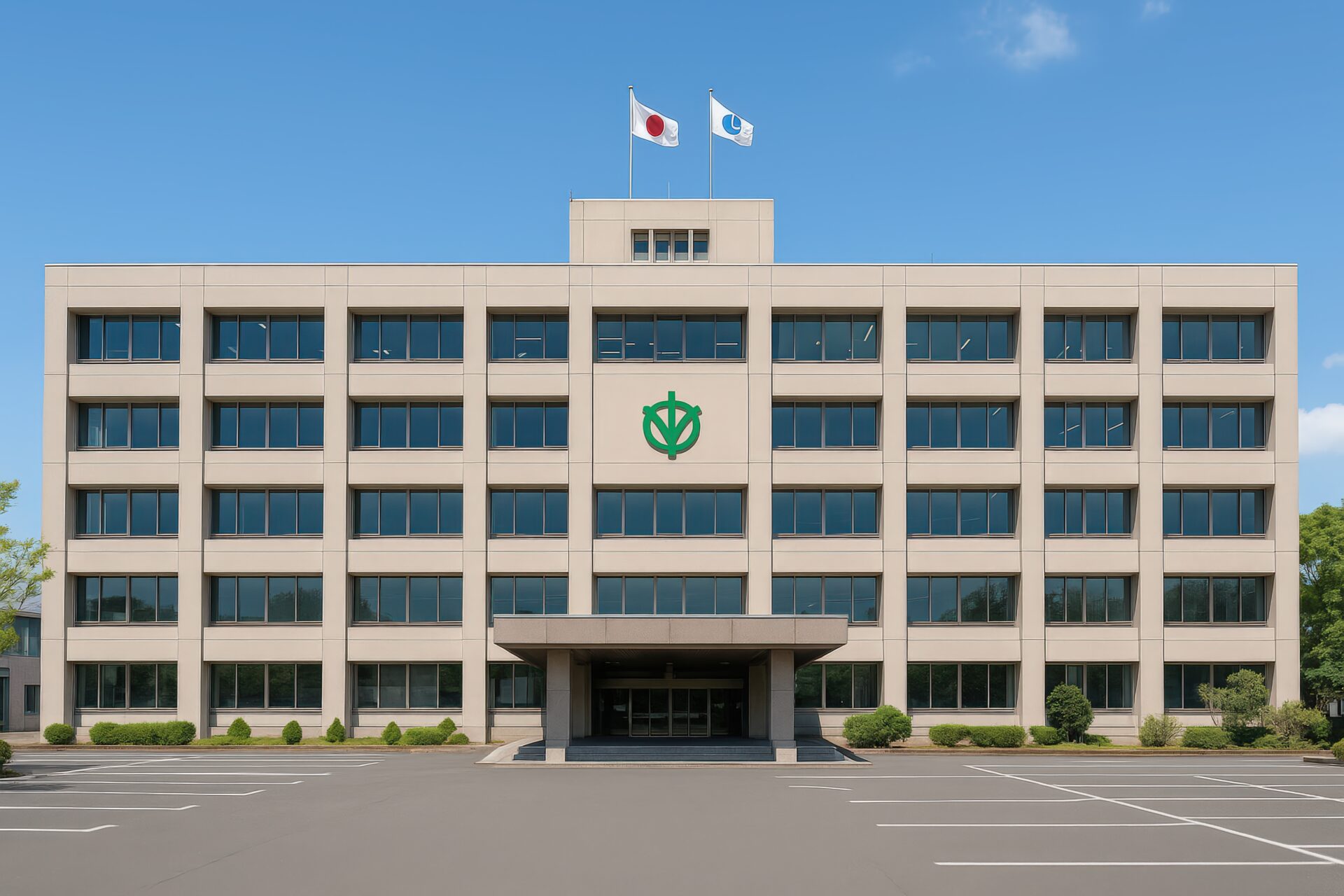 シンボルマークが掲げられた中規模な区役所の建物