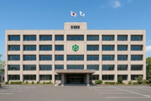 シンボルマークが掲げられた中規模な区役所の建物