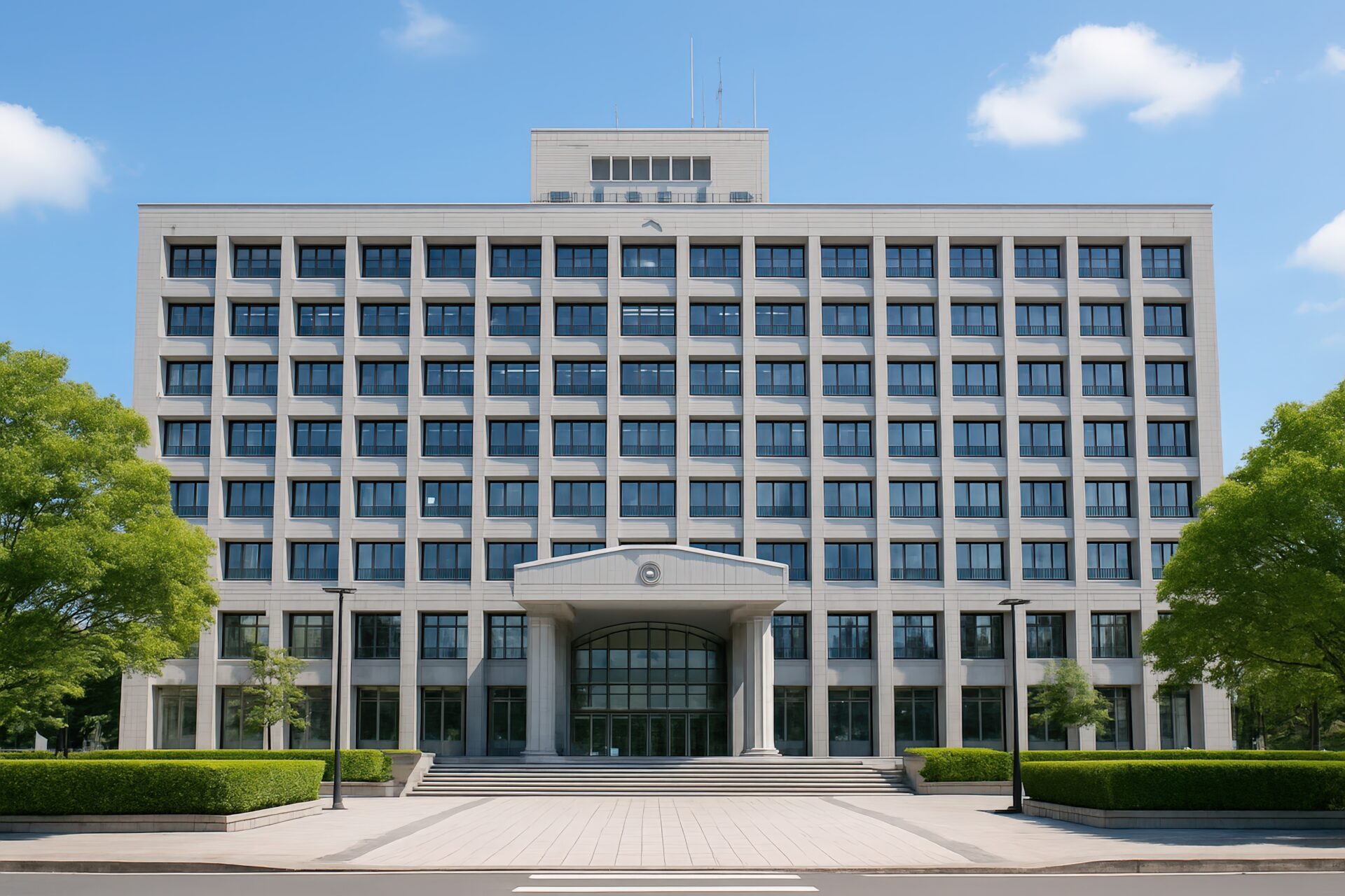 列柱のあるエントランスが印象的な大型区役所