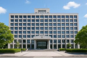 列柱のあるエントランスが印象的な大型区役所