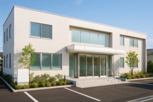 白い外壁とガラス扉が特徴的な現代的な医療施設の建物外観