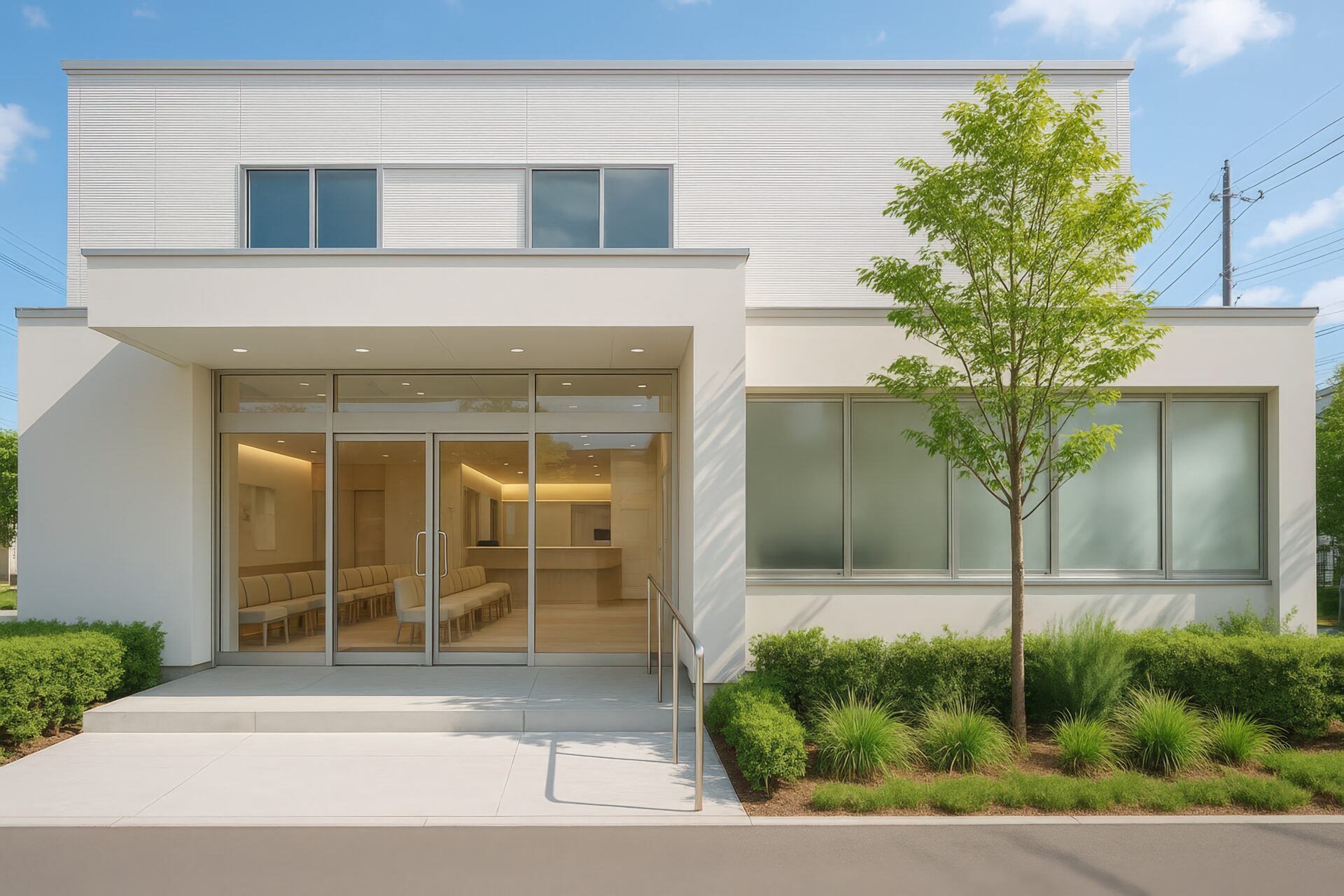 待合室が見える白い現代的な外観のクリニックの建物