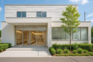 待合室が見える白い現代的な外観のクリニックの建物