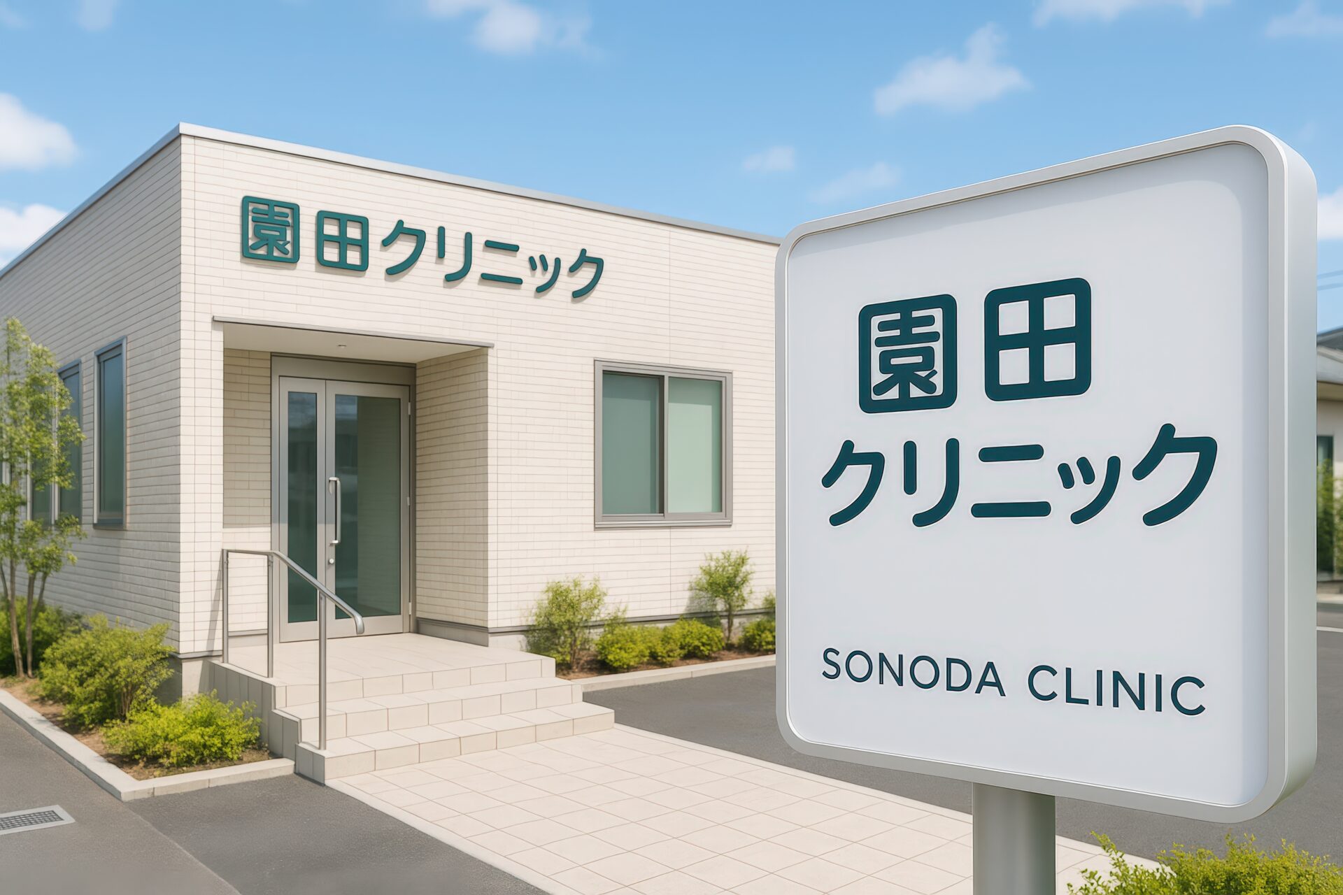 園田クリニックの看板があるベージュの外壁のクリニック建物