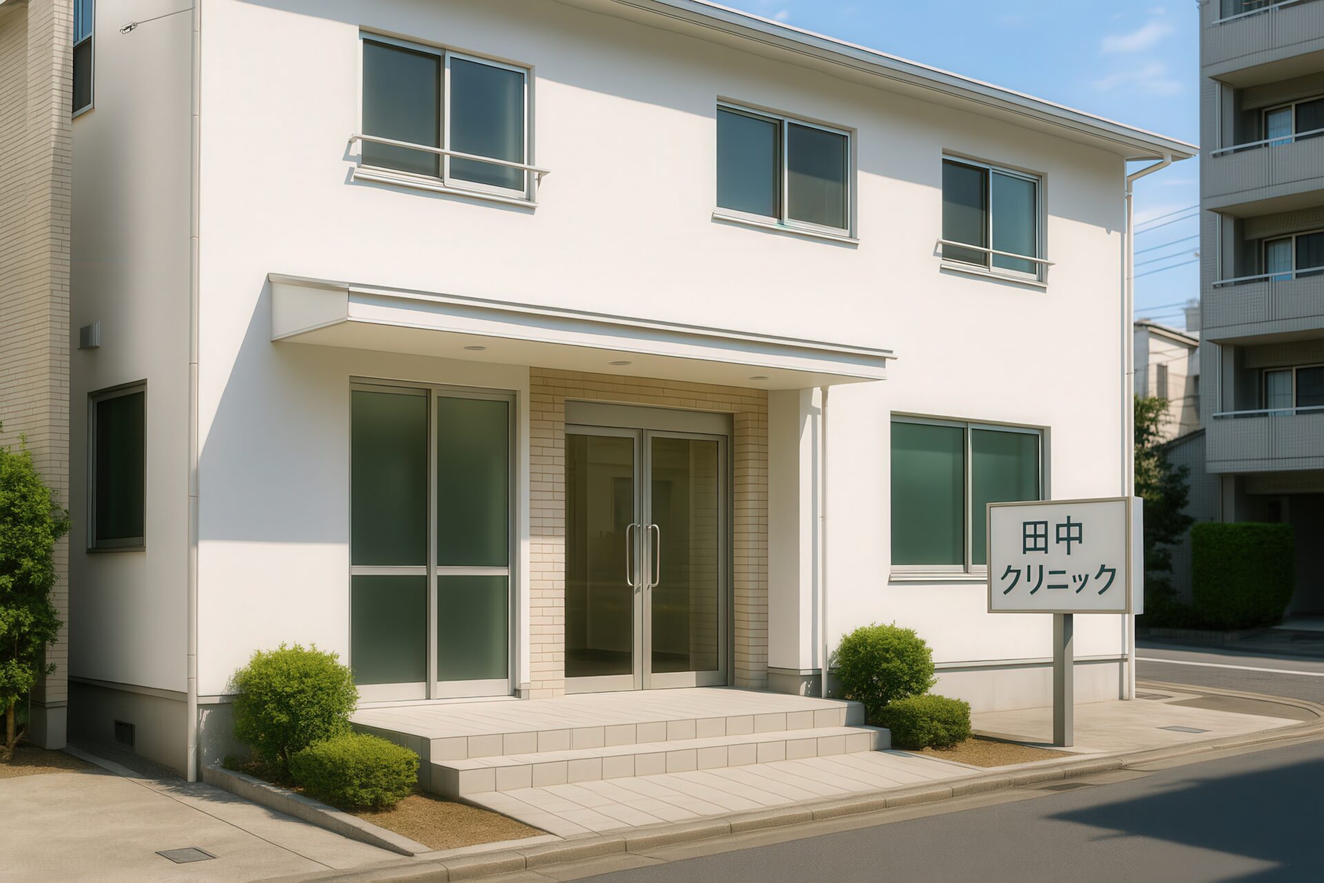 田中クリニックの看板がある白壁の2階建てクリニックの建物外観