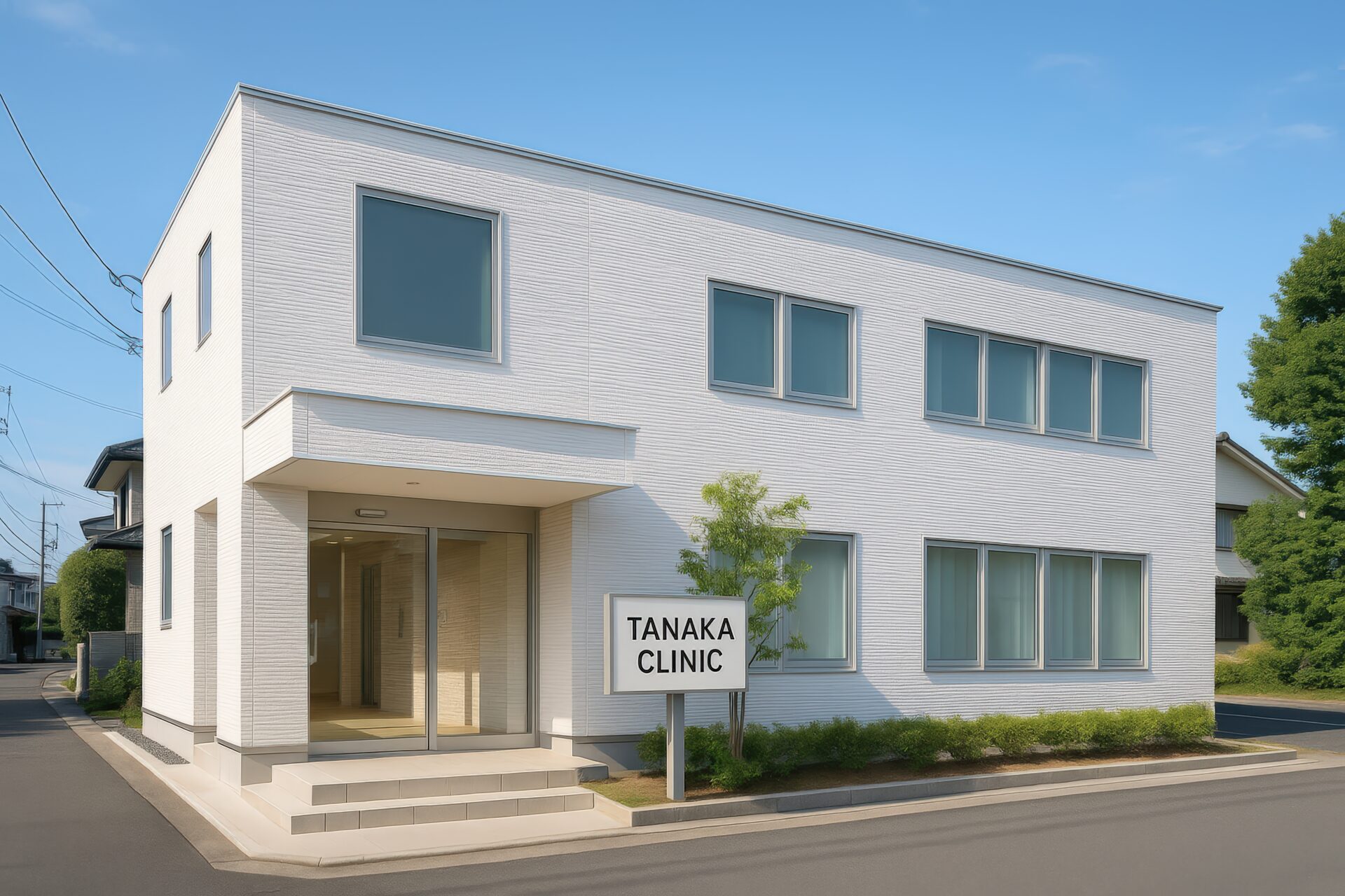 シンプルな白い外壁と看板が印象的な田中クリニックの建物