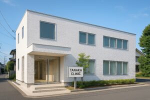 シンプルな白い外壁と看板が印象的な田中クリニックの建物