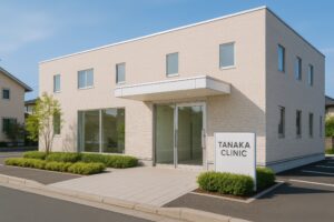 ベージュの壁と白い看板のある田中クリニックの外観