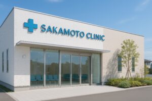 青い看板が目立つ坂本クリニックの現代的な建物外観