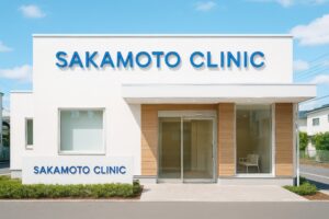 白壁と木目調のデザインが特徴の坂本クリニックの建物外観