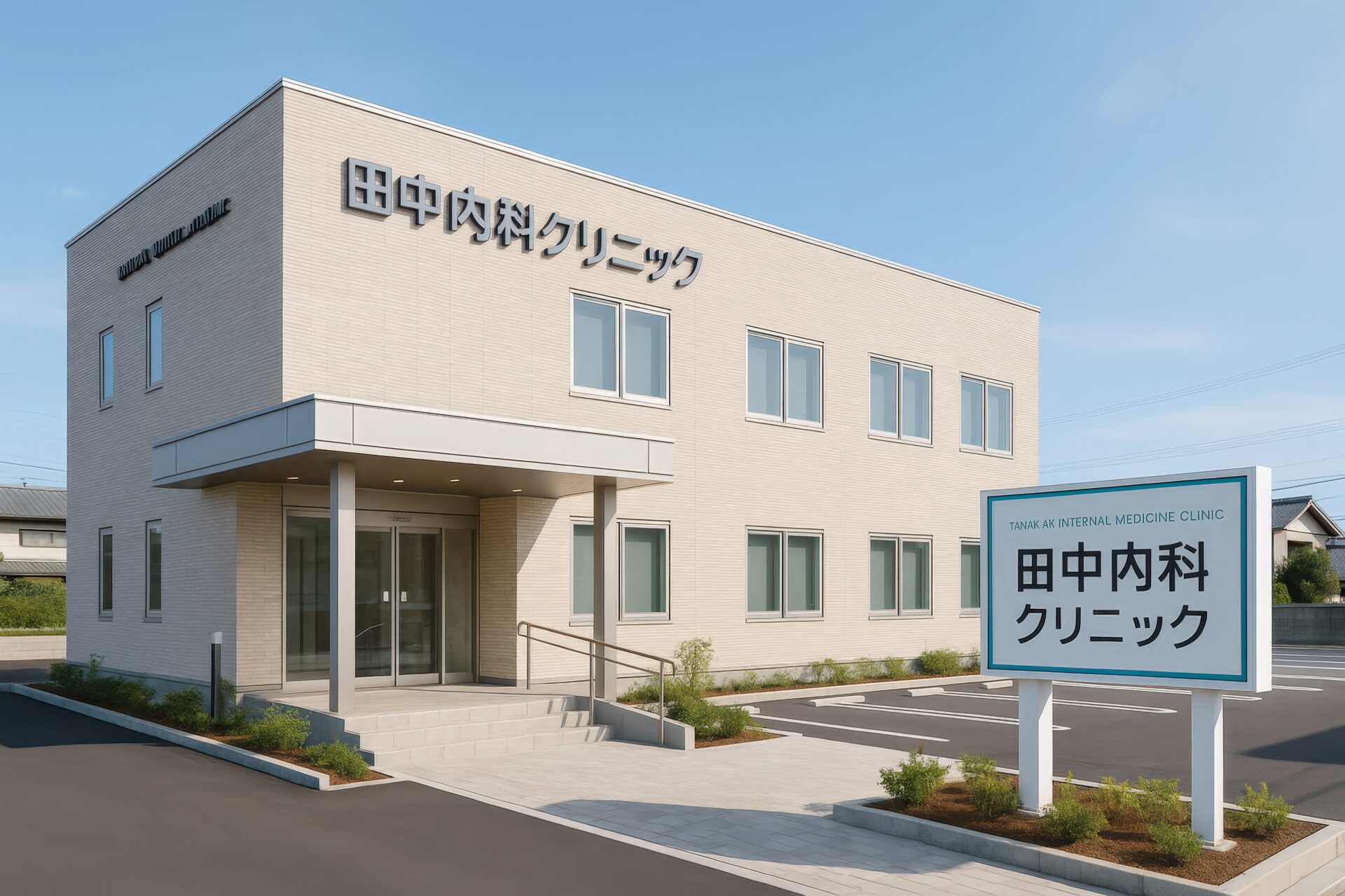 田中内科クリニックの看板があるベージュの2階建てクリニックの建物外観