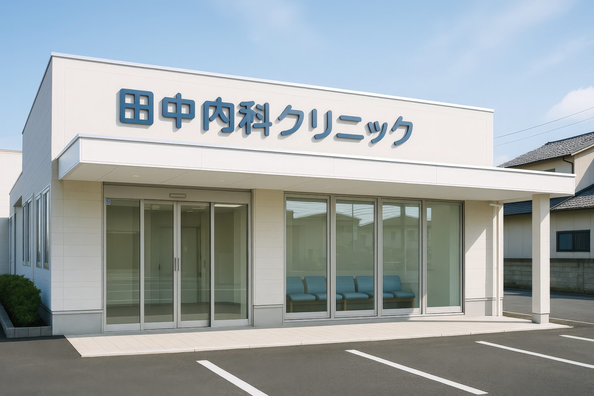 大きな窓と田中内科クリニックの文字が目立つ建物外観