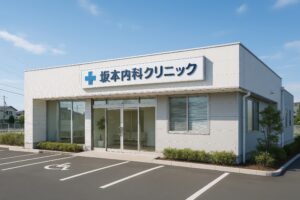 坂本内科クリニックの青い十字マークが目立つ白い建物