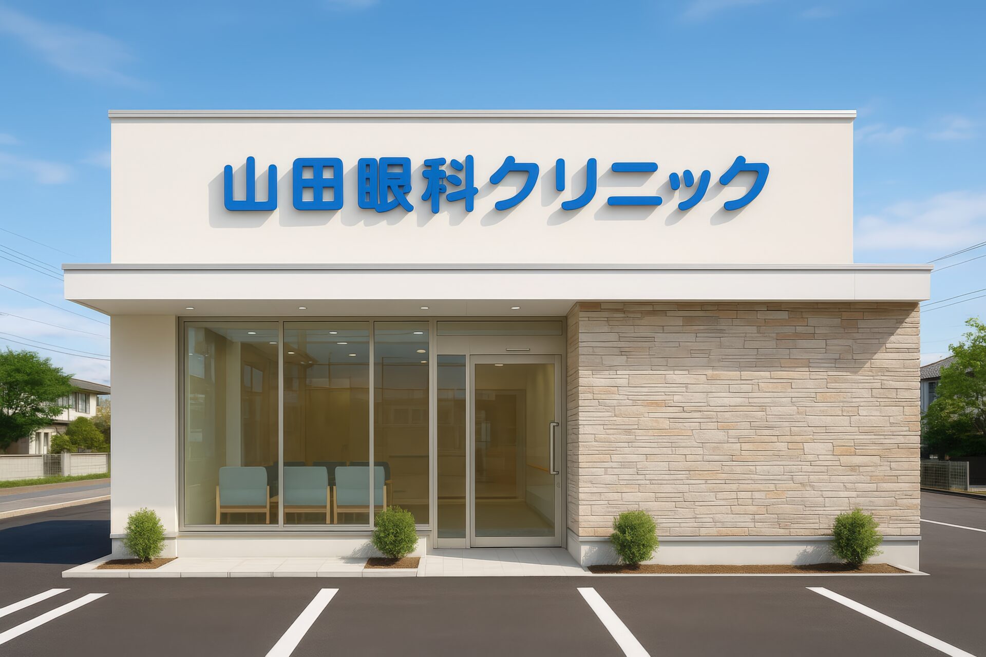 山田眼科クリニックの看板がある白と石材の外壁の建物外観