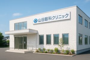 白い外壁と青いロゴが特徴的な山田眼科クリニックの建物
