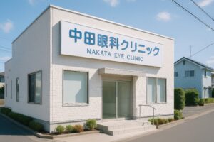 中田眼科クリニックの英字看板がある白い外観の建物