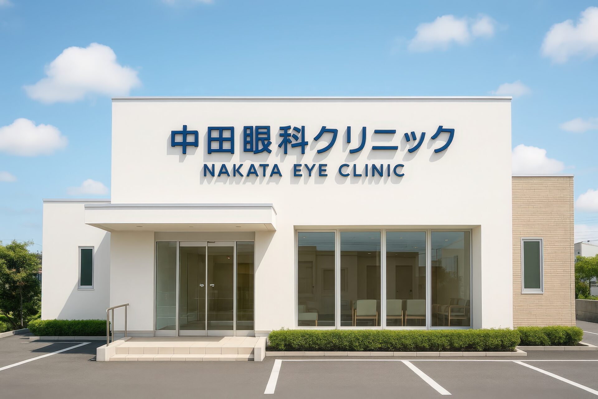 大きな窓が特徴の中田眼科クリニックの白い建物外観