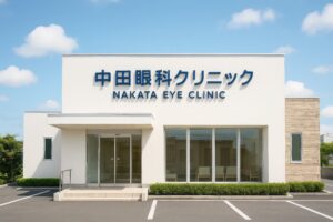 大きな窓が特徴の中田眼科クリニックの白い建物外観