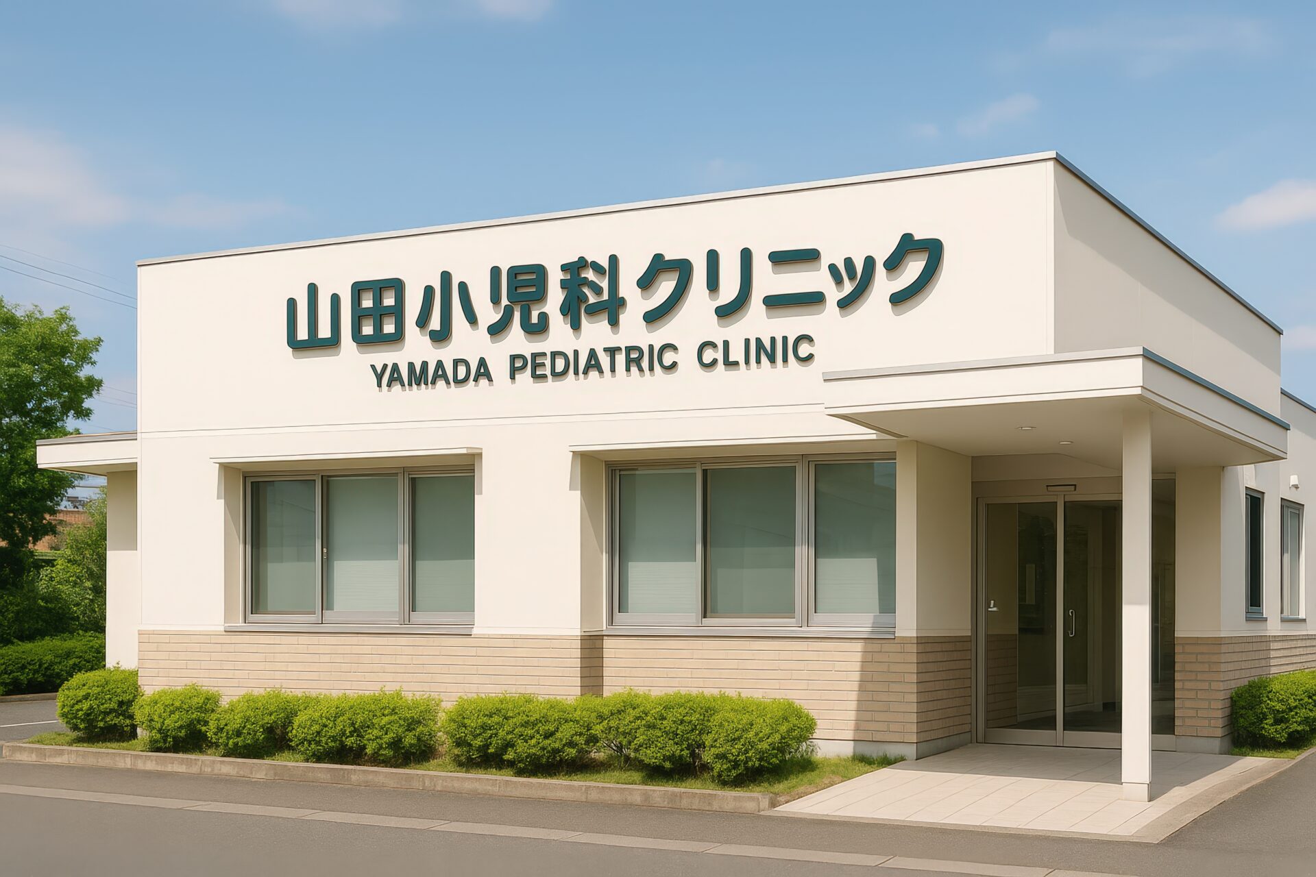 山田小児科クリニックのロゴがあるベージュと白の建物
