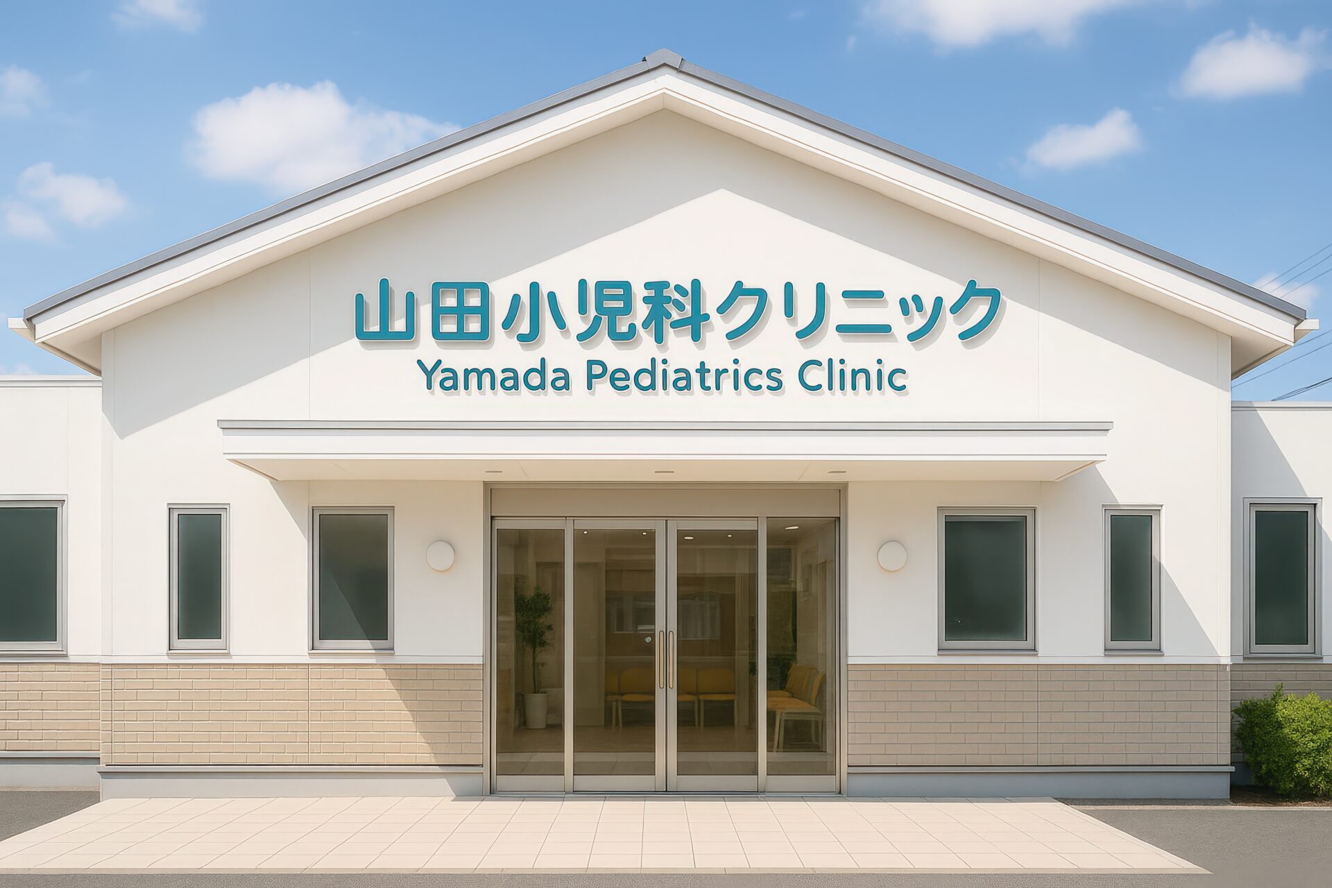 三角屋根が特徴の山田小児科クリニックの建物正面