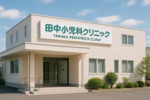 田中小児科クリニックの看板がある白い外壁の建物外観