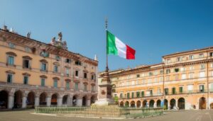 広場に掲げられたイタリア国旗