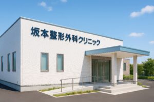 青い屋根が特徴の坂本整形外科クリニックの外観