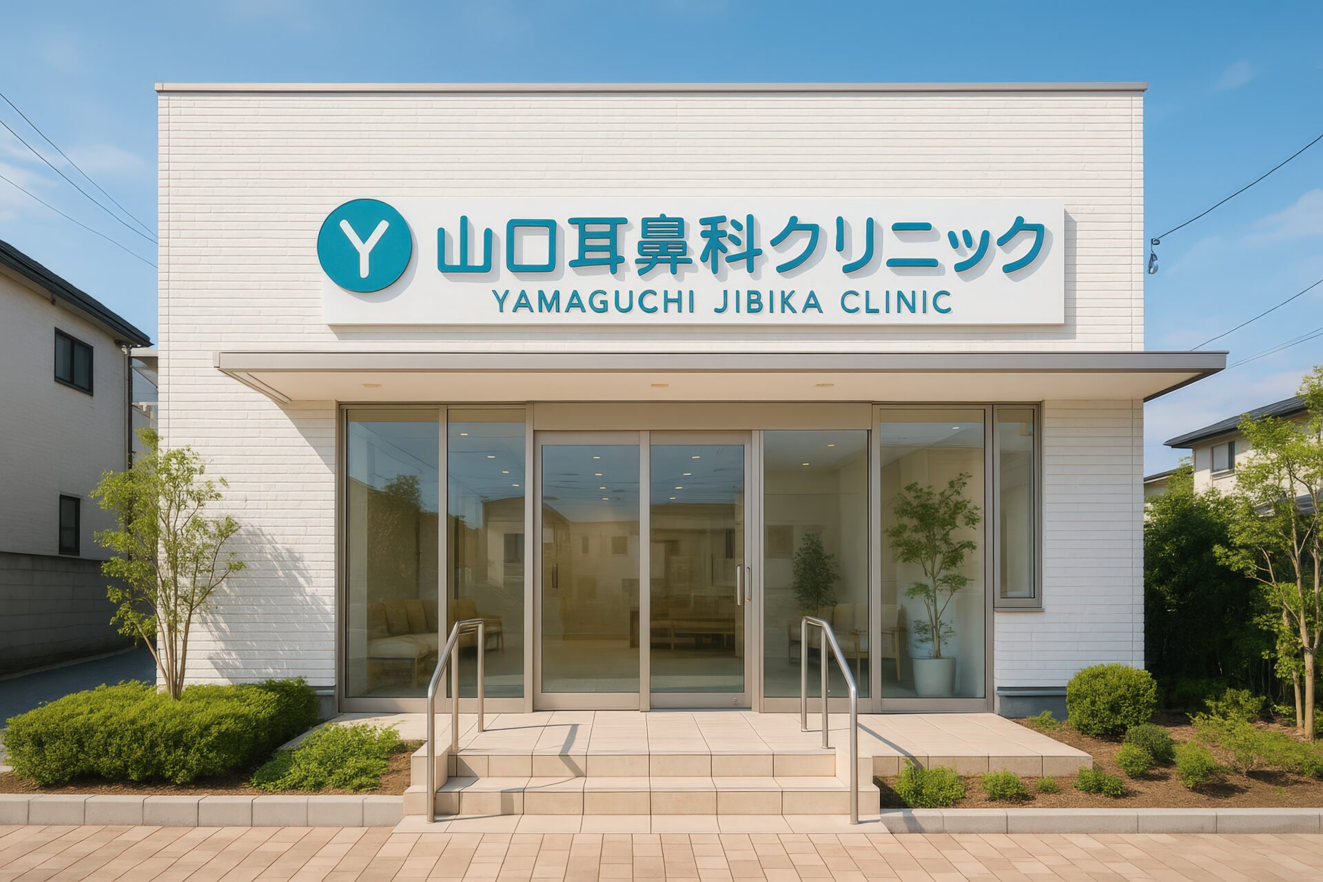 山口耳鼻科クリニックのロゴが目立つガラス張りのエントランス