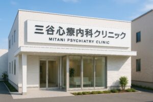 三谷心療内科クリニックの看板がある白い建物外観