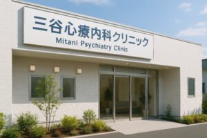 ガラス張りの入口がある三谷心療内科クリニックの外観