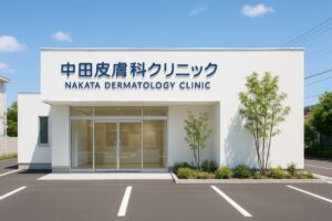 中田皮膚科クリニックの白壁とガラス扉のある外観