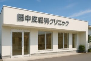 田中皮膚科クリニックの大きな窓が特徴の建物外観