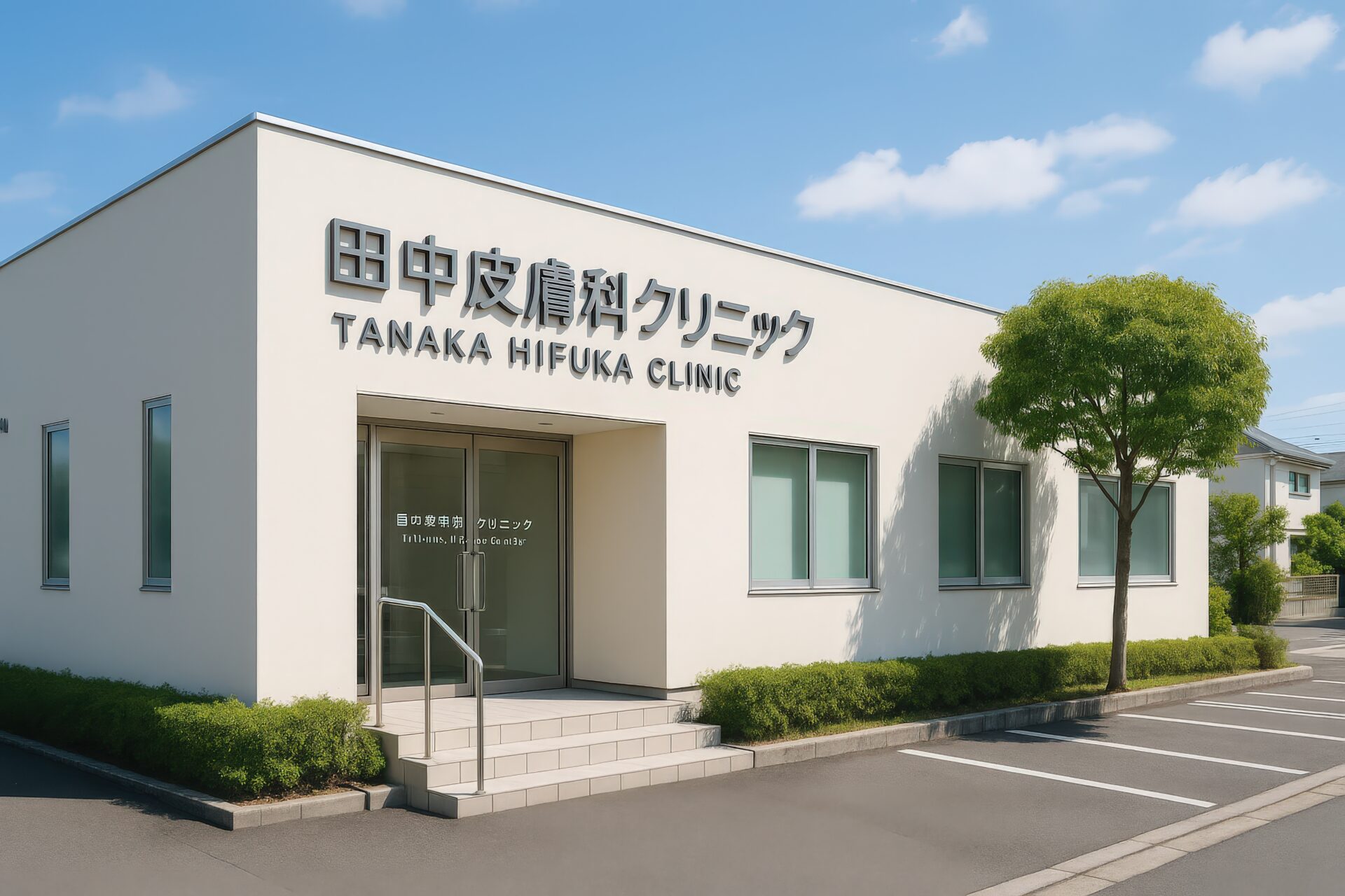 田中皮膚科クリニックのロゴと植栽が印象的な白い建物