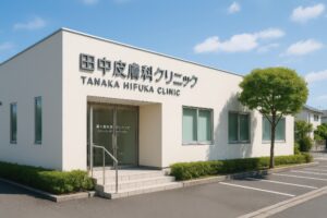 田中皮膚科クリニックのロゴと植栽が印象的な白い建物