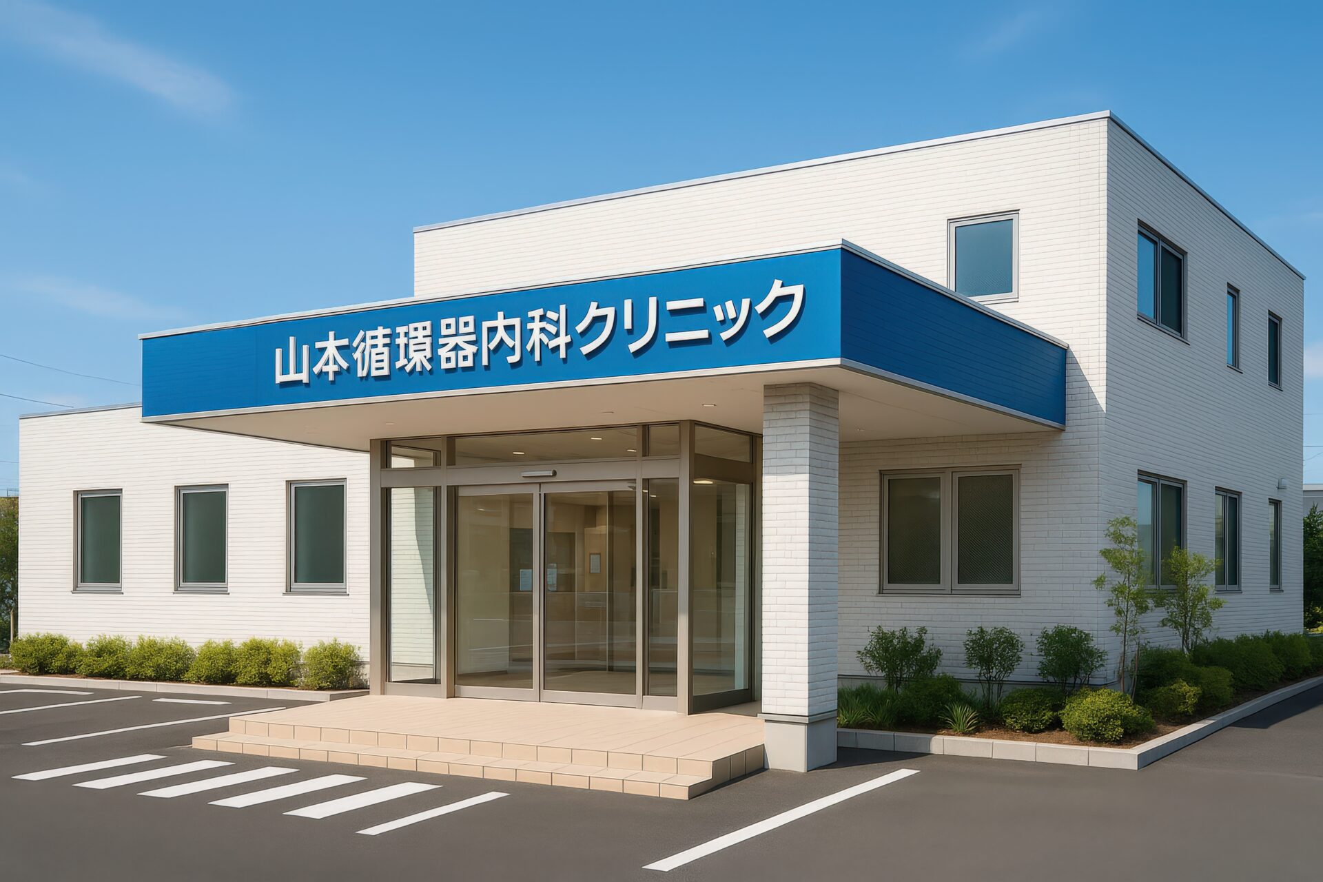 青い看板が印象的な山本循環器内科クリニックの建物外観