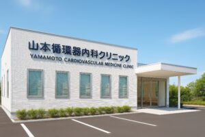 白い壁に青文字のロゴがある山本循環器内科クリニックの外観