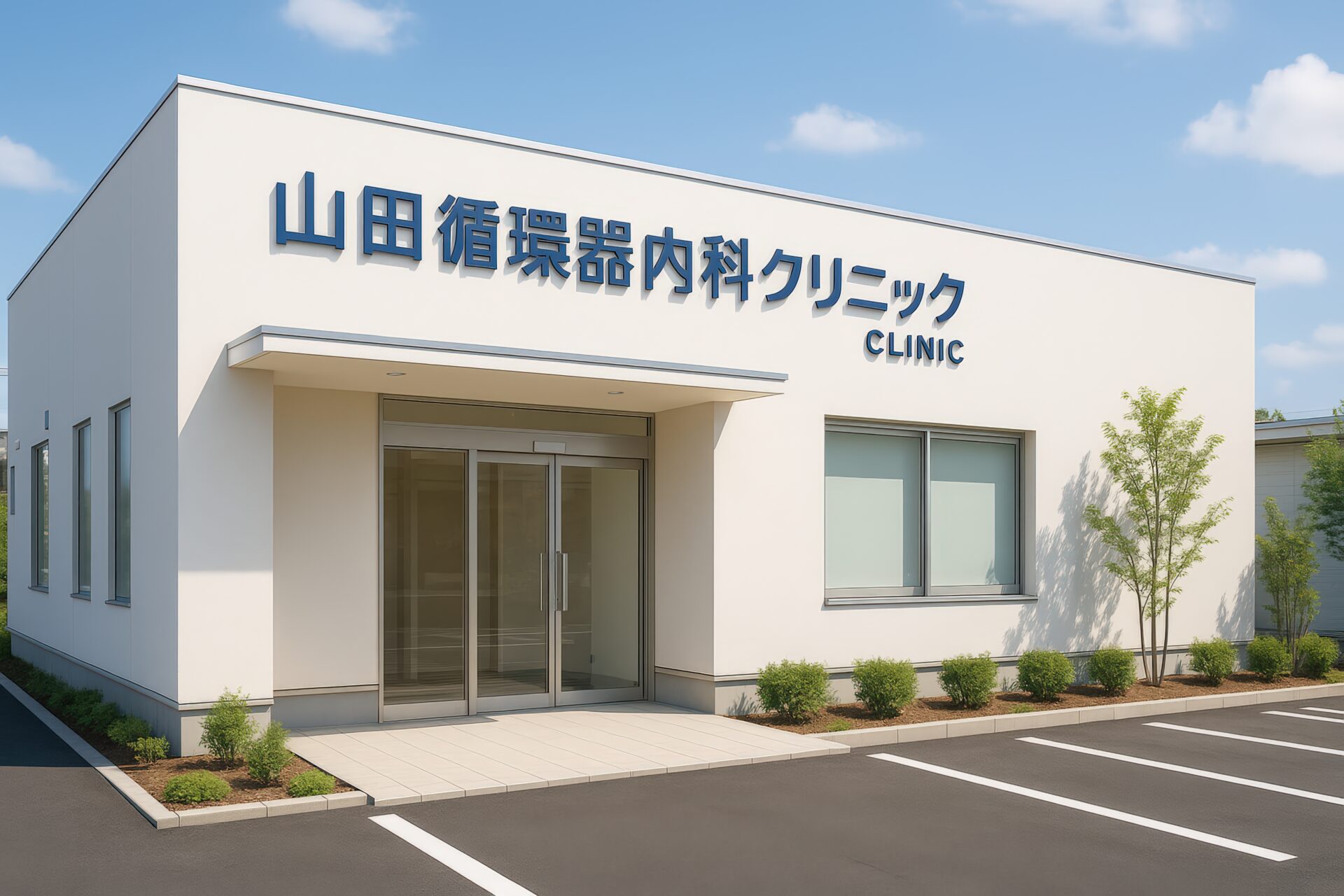 山田循環器内科クリニックの白い建物と駐車場の外観