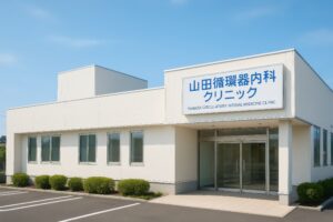 青い看板が目を引く山田循環器内科クリニックの外観