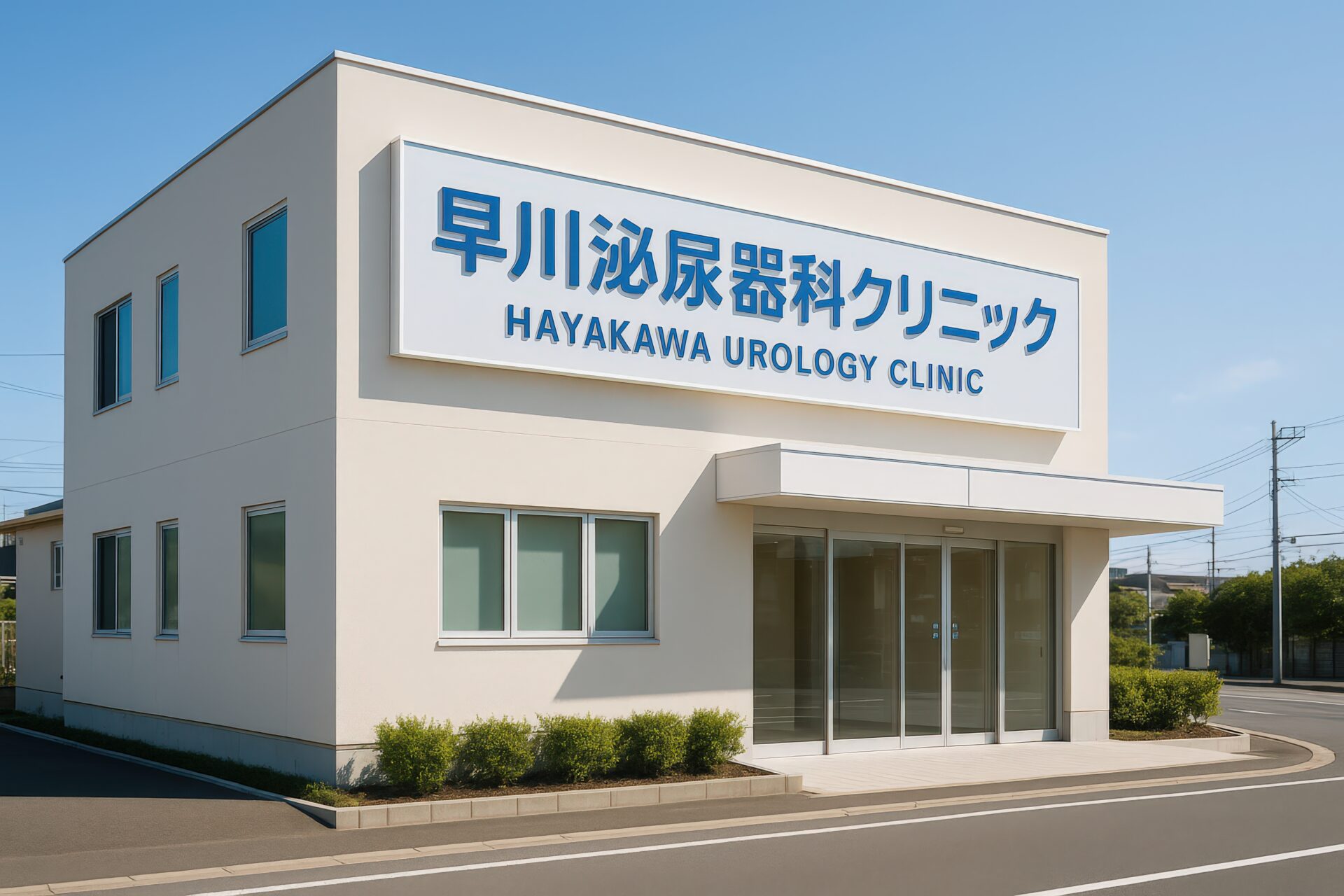 早川泌尿器科クリニックのガラス扉と白壁の外観