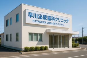 早川泌尿器科クリニックのガラス扉と白壁の外観