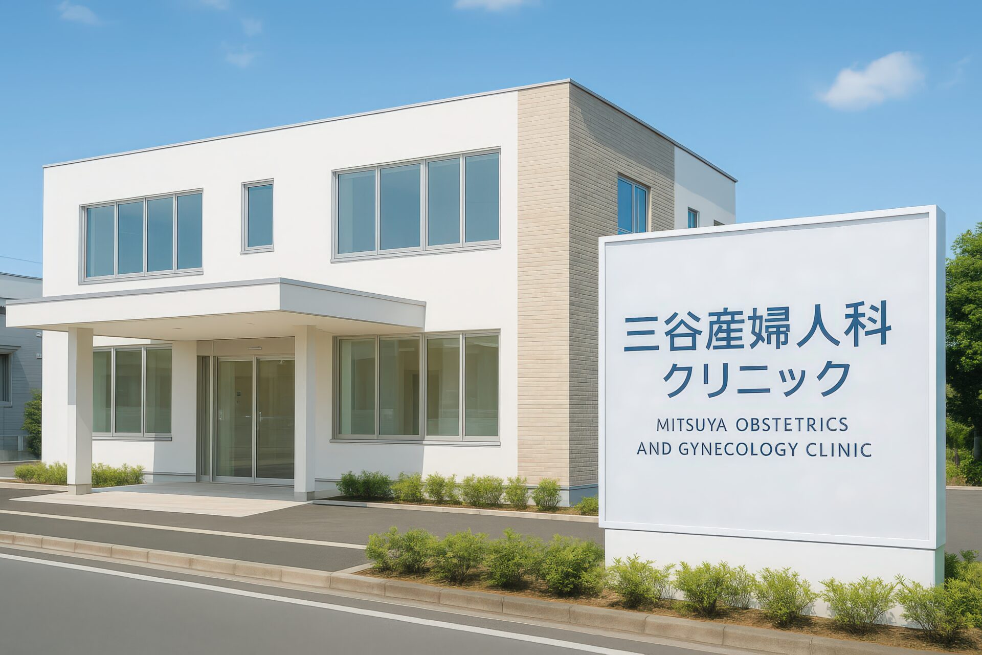 三谷産婦人科クリニックの建物と大型看板のある外観