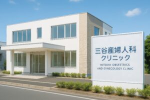 三谷産婦人科クリニックの建物と大型看板のある外観