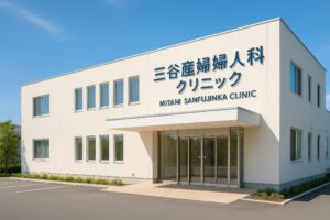 三谷産婦人科クリニックの白い外観と駐車場