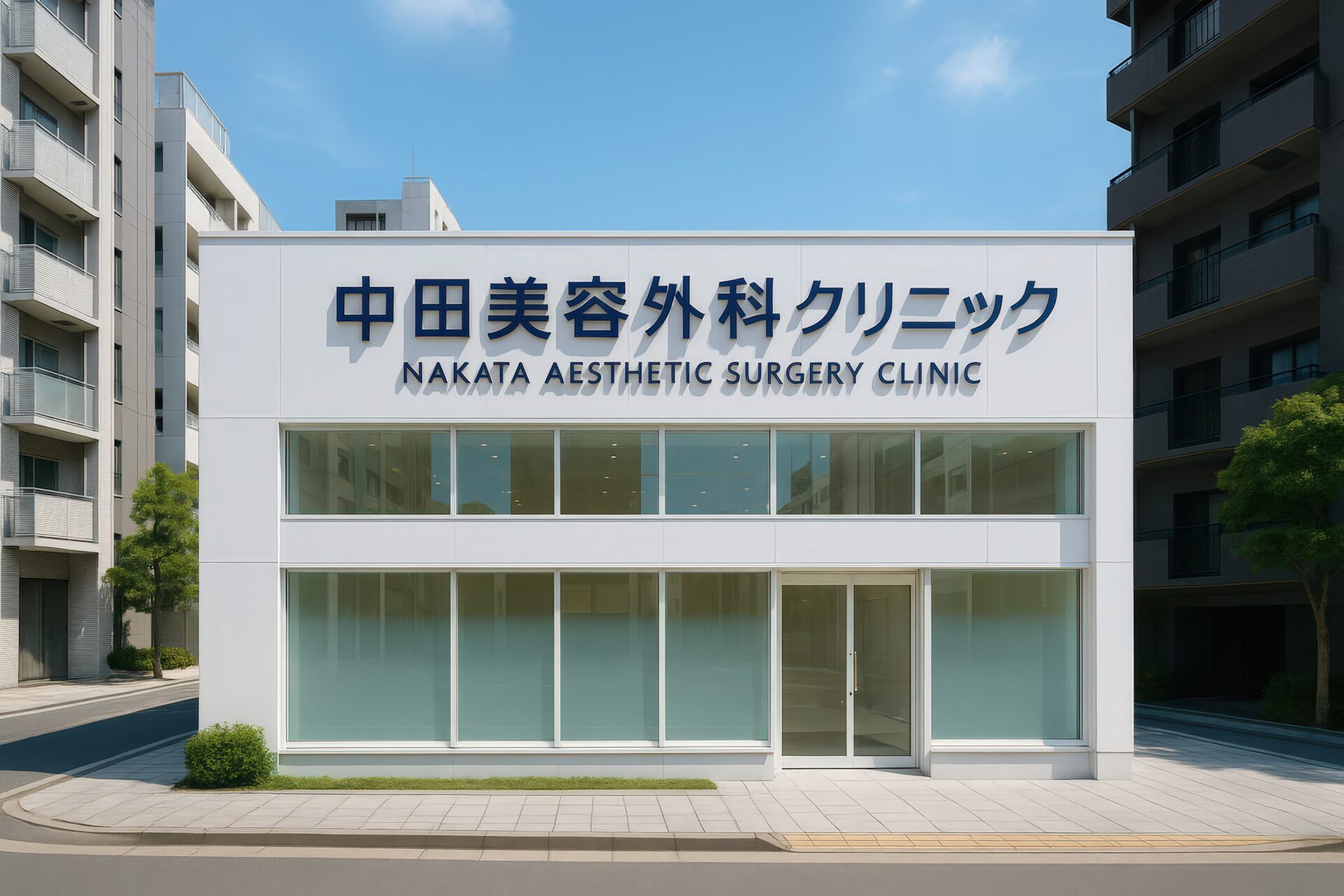 窓の多い中田美容外科クリニックの白い建物外観