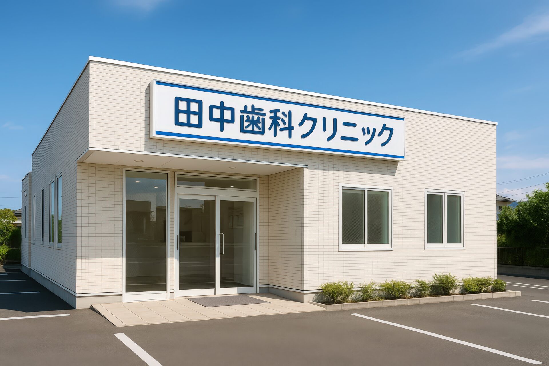 田中歯科クリニックのベージュタイル外壁と青い看板